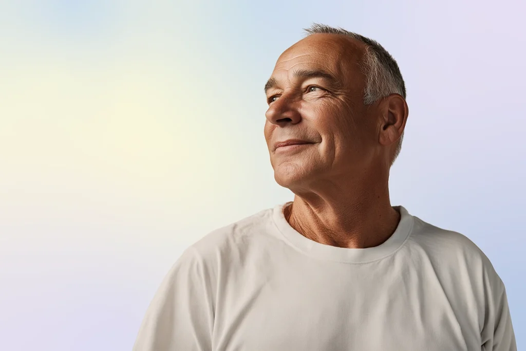 An older man with short gray hair and wearing a white t-shirt looks upward and to the side, smiling softly. The background is a gradient of light pastel colors.
