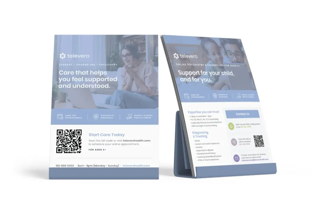 Two tabletop display cards for Televero show information about primary counseling and psychiatry services. The cards feature photos of smiling people, service benefits, QR codes, contact info, and brief service descriptions.