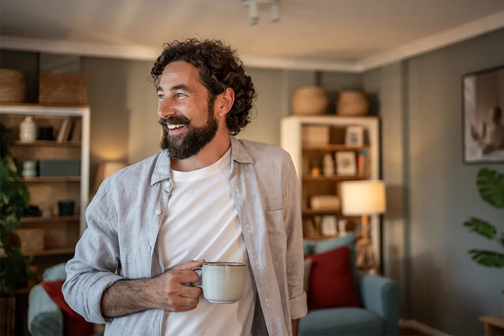 A smiling man with curly hair and a beard holds a metal mug while standing in a cozy living room with bookshelves, plants, and a blue sofa in the background.