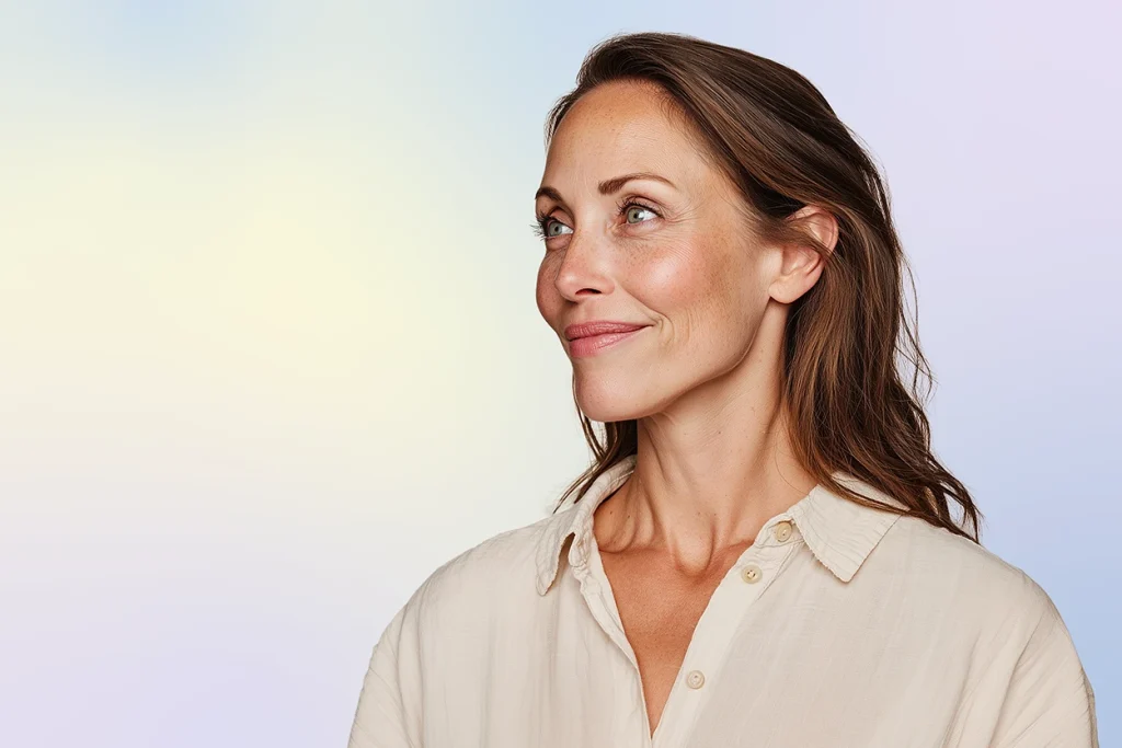 A woman with wavy brown hair wearing a cream-colored button-up shirt looks to her left and smiles softly. The background is a soft gradient of pastel blue, yellow, and purple tones.